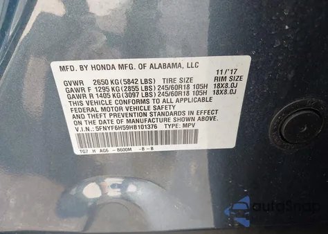 2017 Honda Pilot Ex-L z USA, uszkodzony, nr VIN 5FNYF6H59HB101376